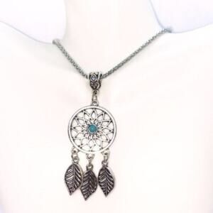 Silver Turquoise Dreamcatcher Feather Boho Necklace